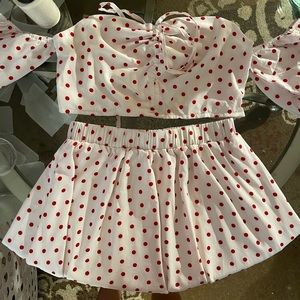 NWOT SHEIN red & white polka dot 2 piece crop top & flowy skirt set both size M